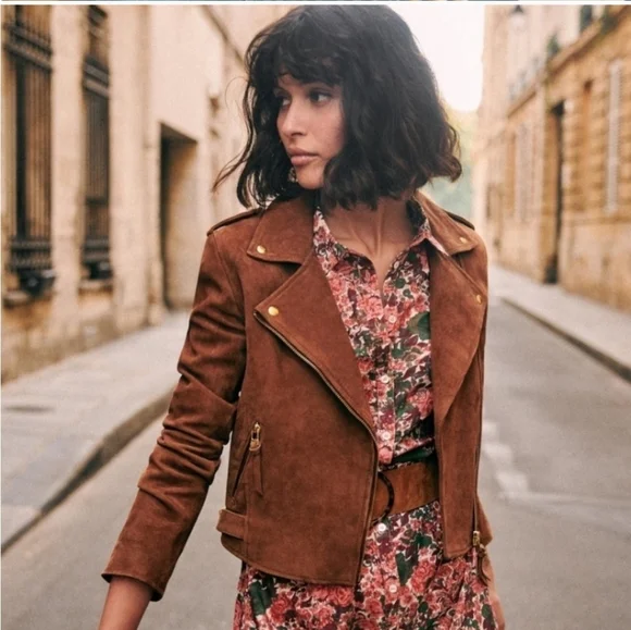 Sezane Zig Biker Jacket Diam Camel Suede Size 2 - Picture 3 of 12